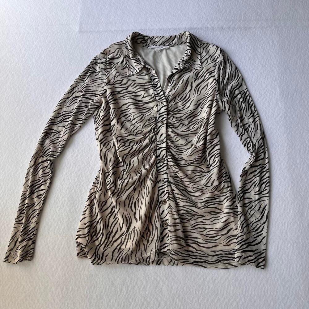 Y2K Zebra Mesh Ruched Button Down